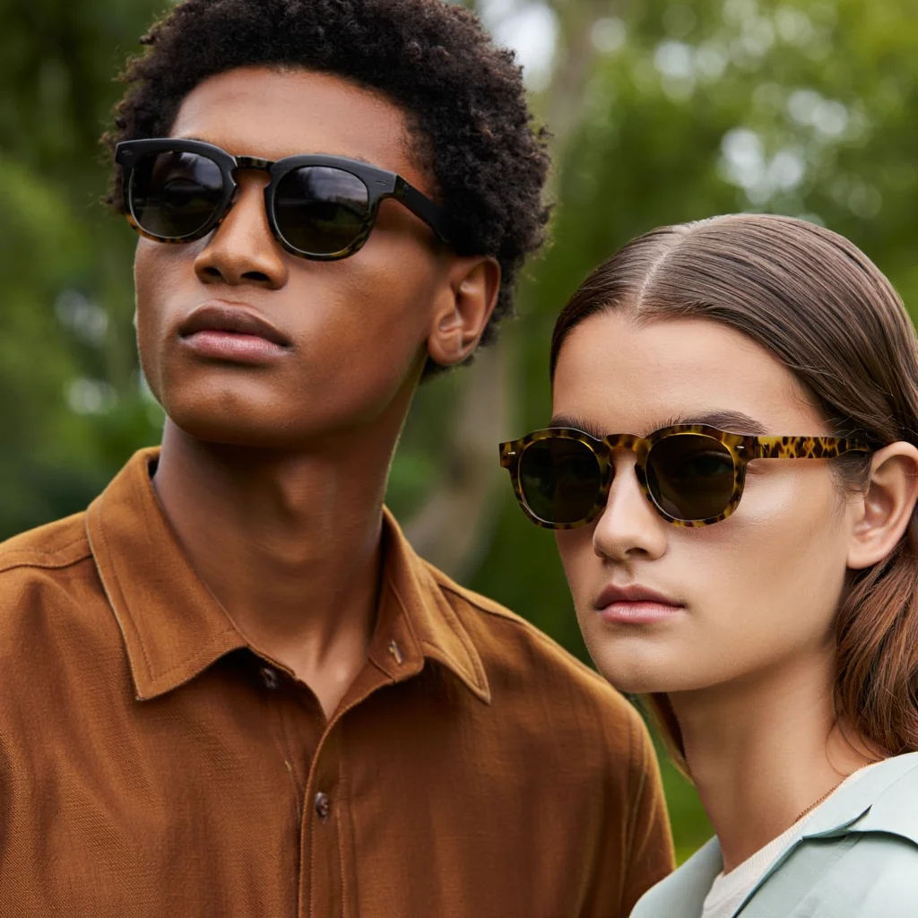 A fashion photography portrait featuring two young models in a natural outdoor setting with blurred green foliage in the background. The male model wears a brown button-up shirt and black-framed sunglasses, while the female model wears a light-colored top and tortoiseshell sunglasses. The image employs natural lighting, a shallow depth of field, and a warm color palette, creating an intimate and stylish composition that emphasizes the eyewear and the models' features.